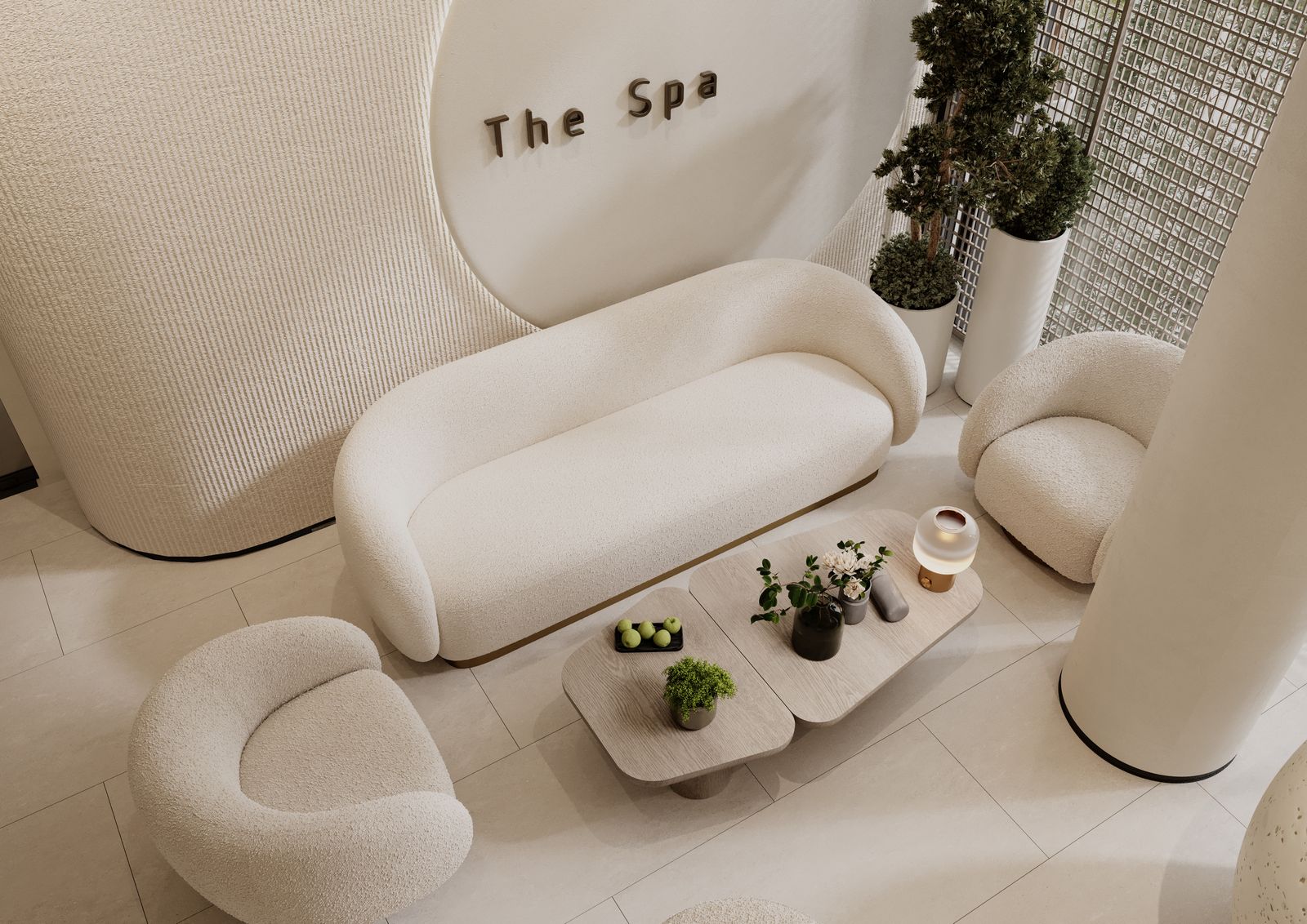 The warm neutral waiting area of a modern spa-style clinic