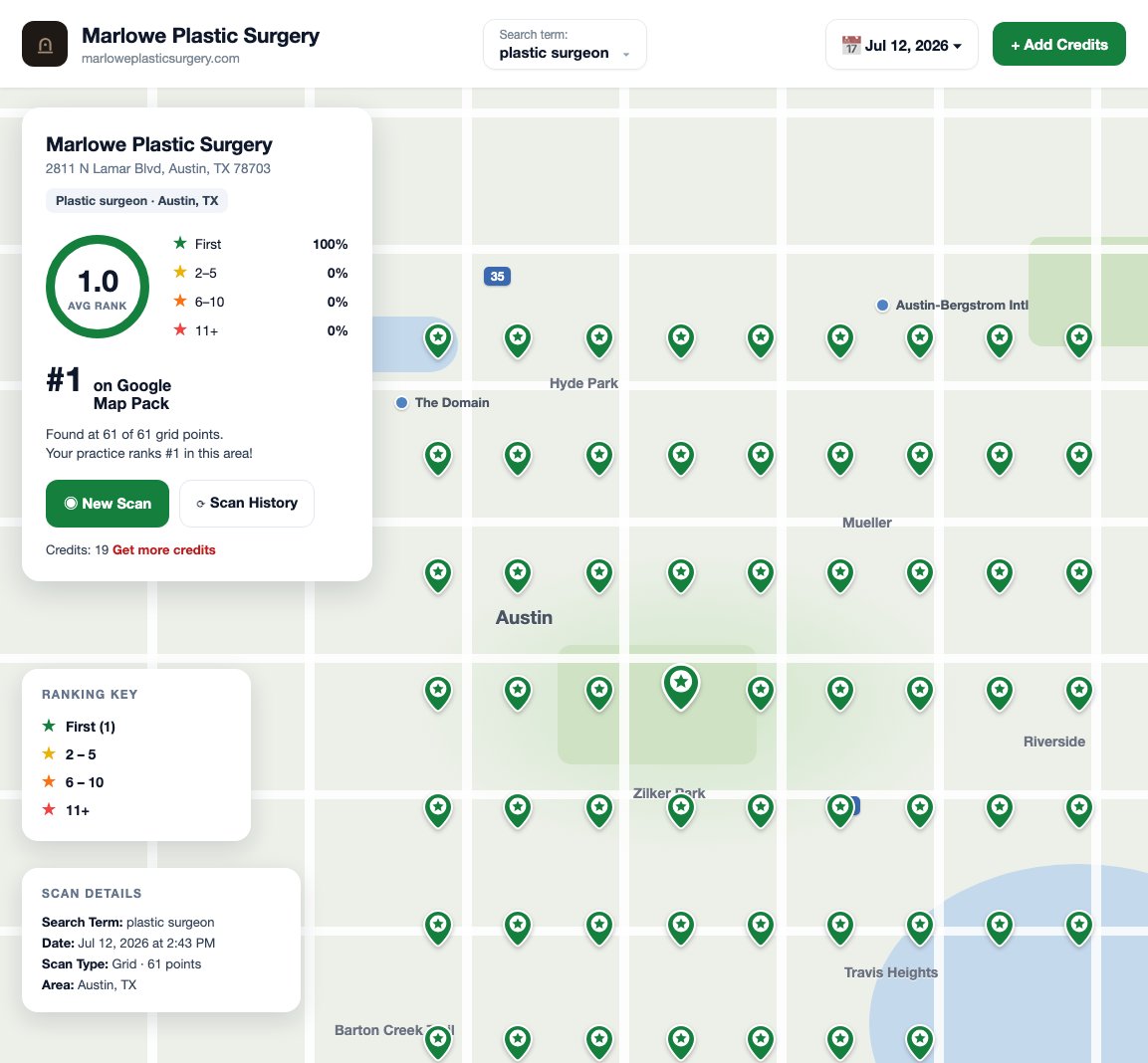 Rankchat map rank scan for an example plastic surgery practice — ranked #1 across 61 grid points in Austin for “plastic surgeon”